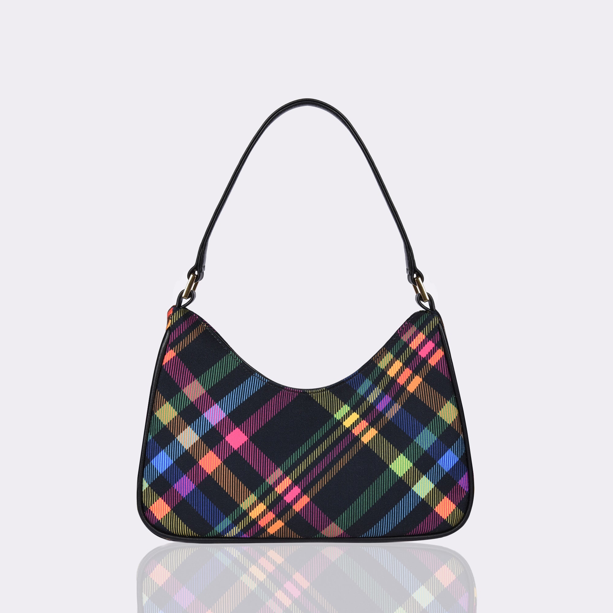 picture of made in USA Luxury Leather Handbag layered with six different colors in a digital plaid design 