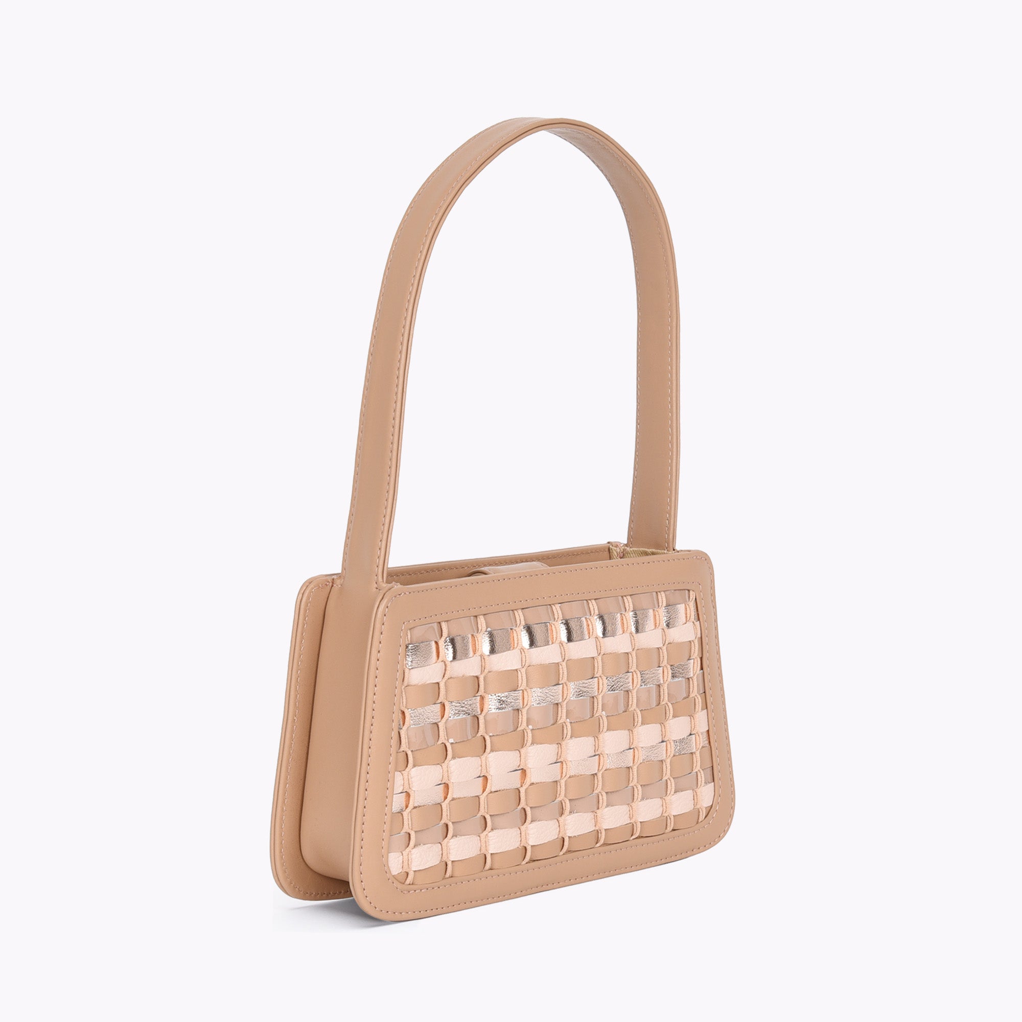 picture of made in USA Luxury Leather Handbag hand-woven with multiple leathers in a beige, gold, and silver colorway