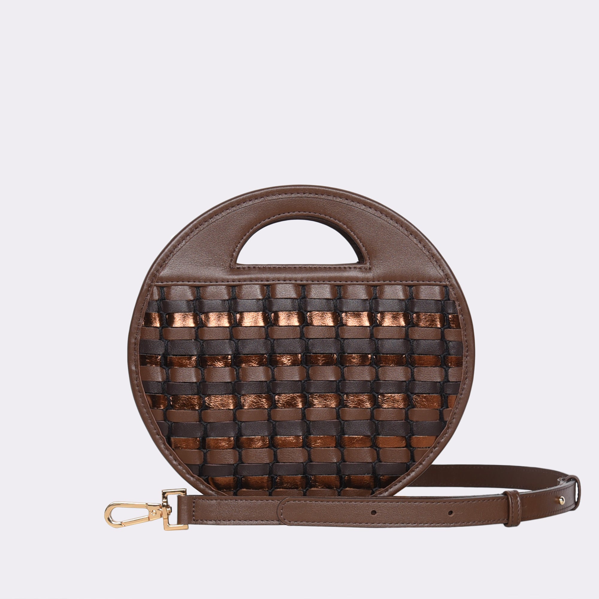 Picture of American made luxury top handle round crossbody bag with various brown and gold toned handwoven leathers.
