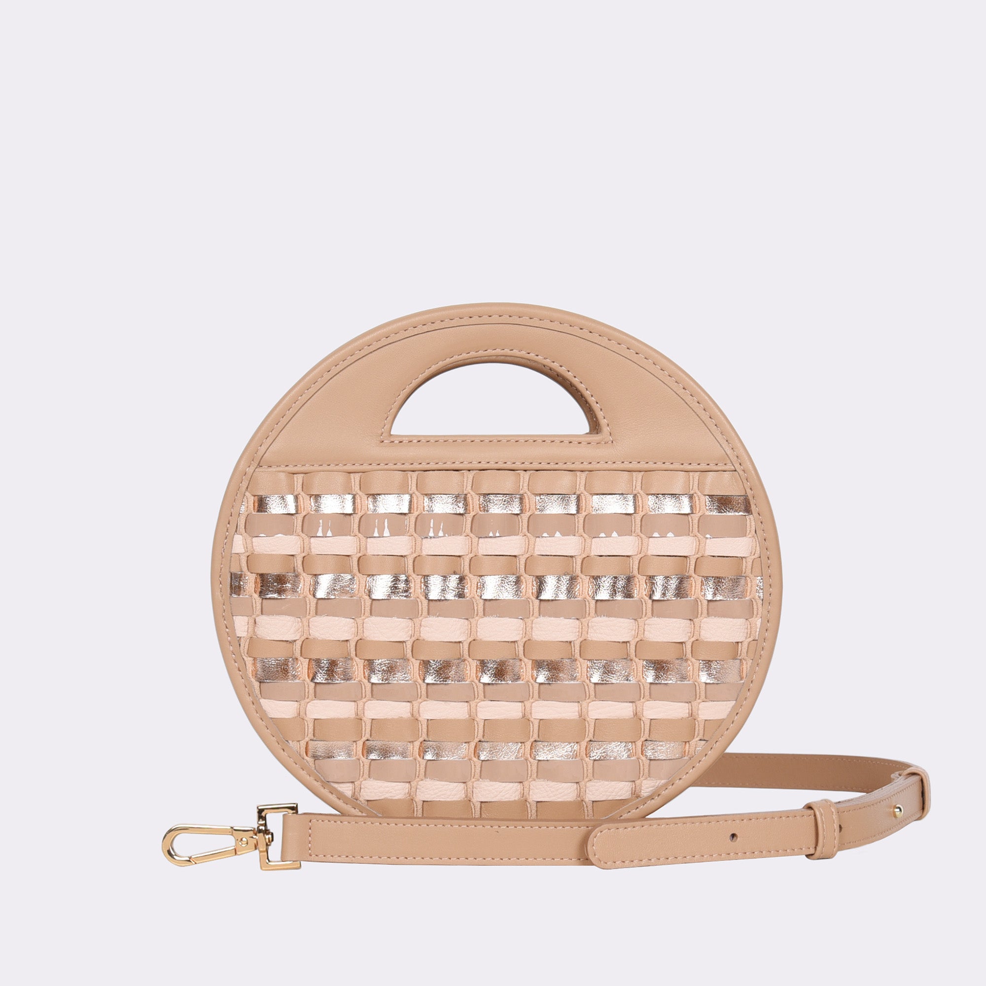Picture of American made luxury top handle round crossbody bag with various tan and silver toned handwoven leathers.