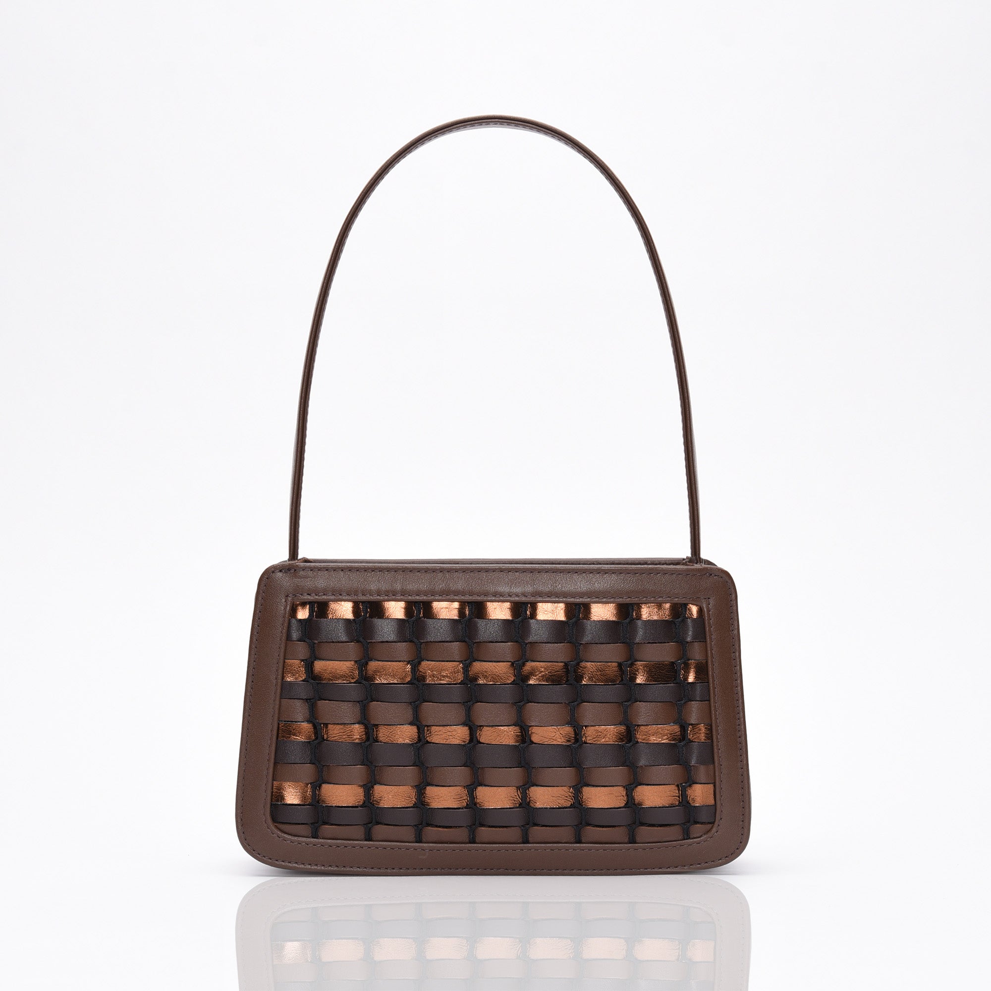 picture of made in USA Luxury Leather Handbag hand-woven with multiple leathers in various chocolate brown, matte brown, and metallic colorway