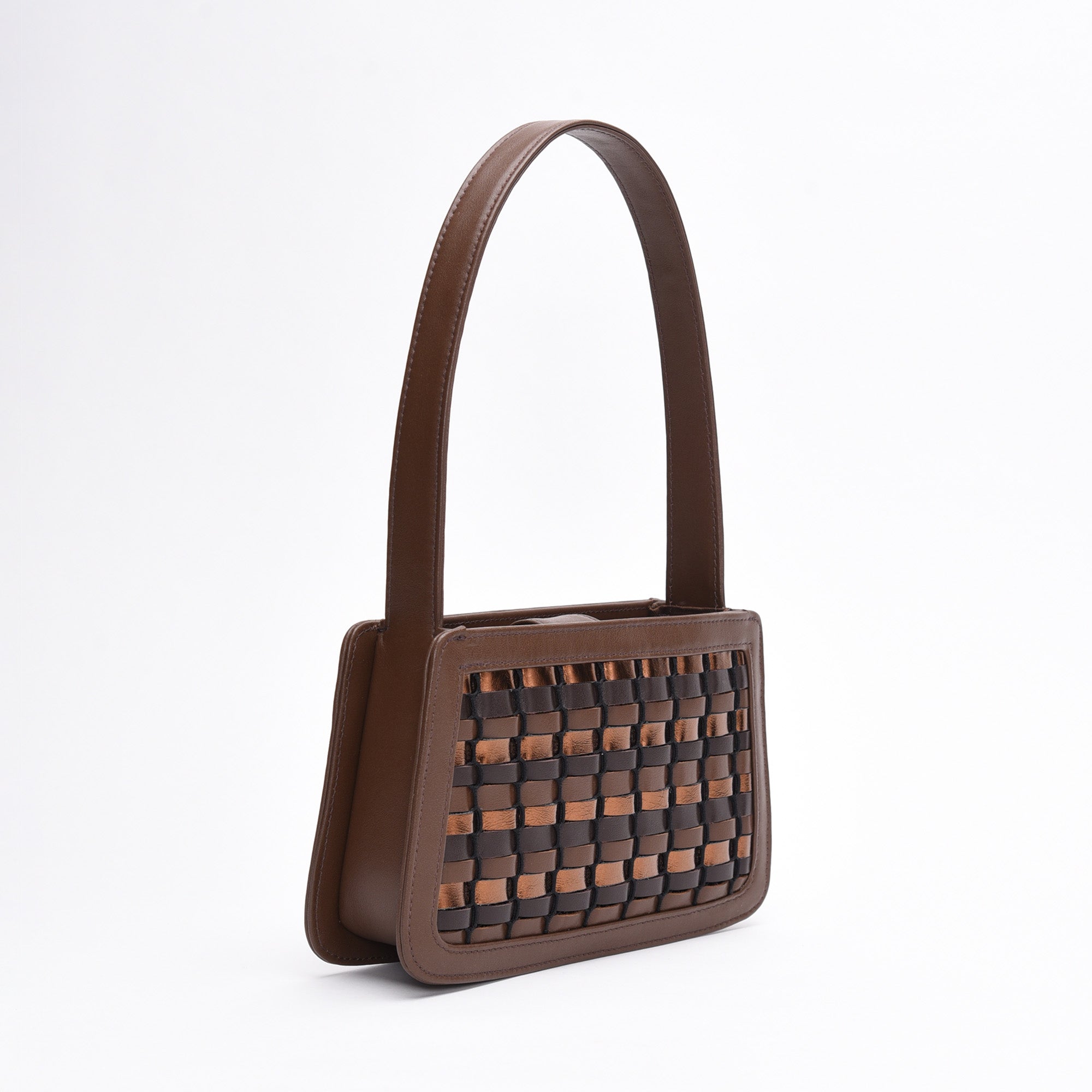 picture of made in USA Luxury Leather Handbag hand-woven with multiple leathers in various chocolate brown, matte brown, and metallic colorway