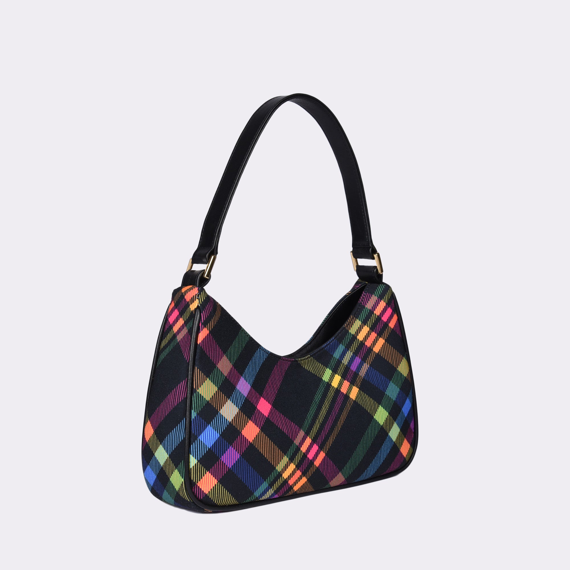 picture of made in USA Luxury Leather Handbag layered with six different colors in a digital plaid design 